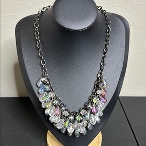 Vintage Jules Gunmetal Dangle Aurora Borealis Statement Necklace Beaded Chain​​